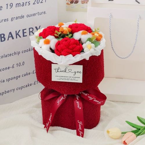 Realistic Crochet Flower Bouquet with Fleece Wrapping Red