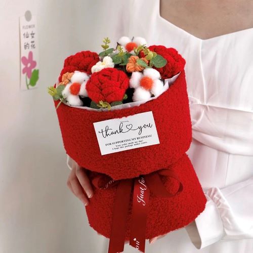 Realistic Crochet Flower Bouquet with Fleece Wrapping Red