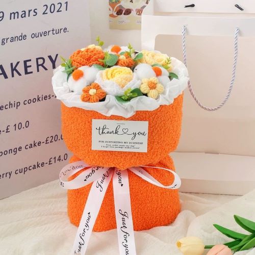 Realistic Crochet Flower Bouquet with Fleece Wrapping Orange