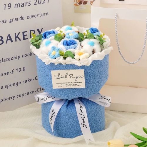 Realistic Crochet Flower Bouquet with Fleece Wrapping Blue