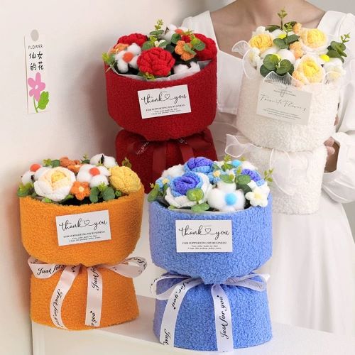 Realistic Crochet Flower Bouquet with Fleece Wrapping Blue