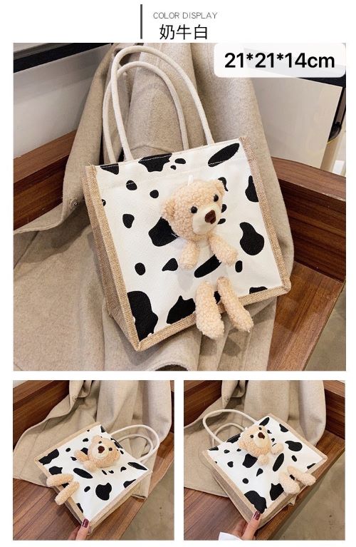 Cute Casual Bear Tote Bag - White Cow Pattern