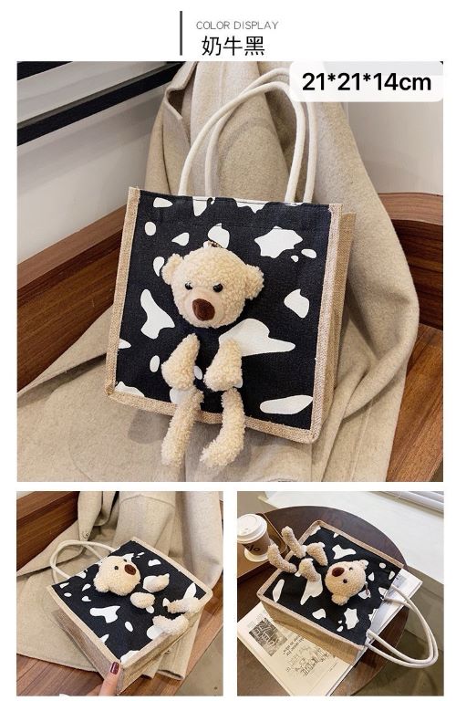 Cute Casual Bear Tote Bag - Black Cow Pattern