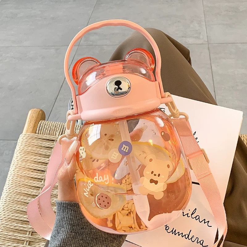 Cute Bear Straw Bottle with Carrying Strap - Pink 1300ml