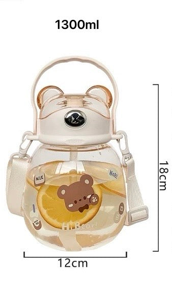 Cute Bear Straw Bottle with Carrying Strap - Soft Orange 1300ml