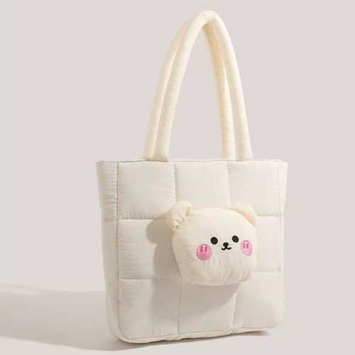 Cute Bear Applique Quilted Nylon Tote Bag - White