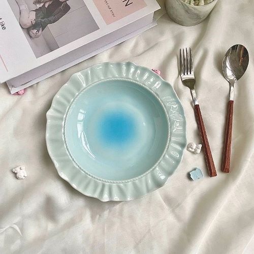 Cute Blush Gradient Ceramic Plate with Ruffled Edges - Blue