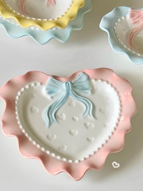 Cute Pastel Bow Heart Plates - Pink