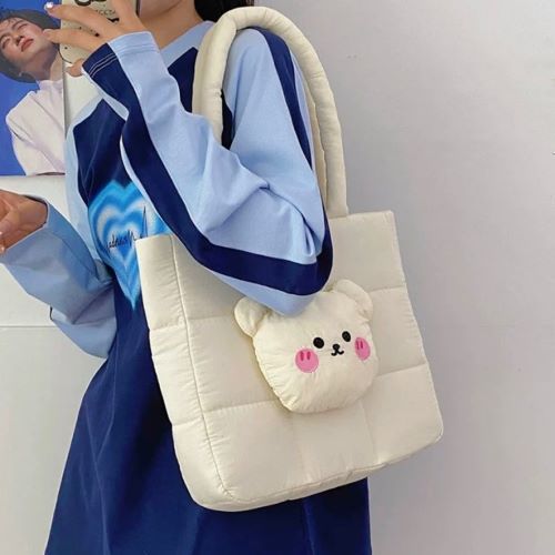 Cute Bear Applique Quilted Nylon Tote Bag - White