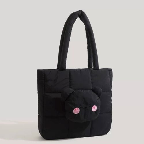 Cute Bear Applique Quilted Nylon Tote Bag - Black