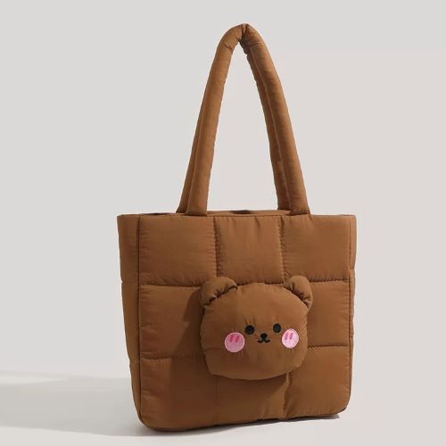 Cute Bear Applique Quilted Nylon Tote Bag - Brown