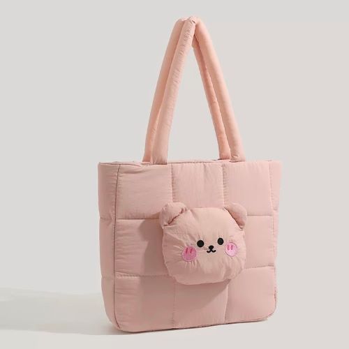 Cute Bear Applique Quilted Nylon Tote Bag - Pink