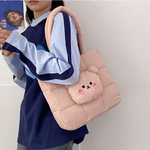 Cute Bear Applique Quilted Nylon Tote Bag - Pink