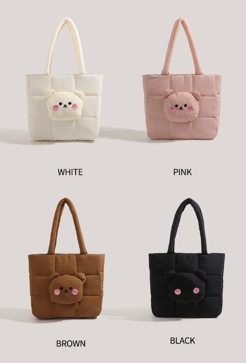 Cute Bear Applique Quilted Nylon Tote Bag - Pink